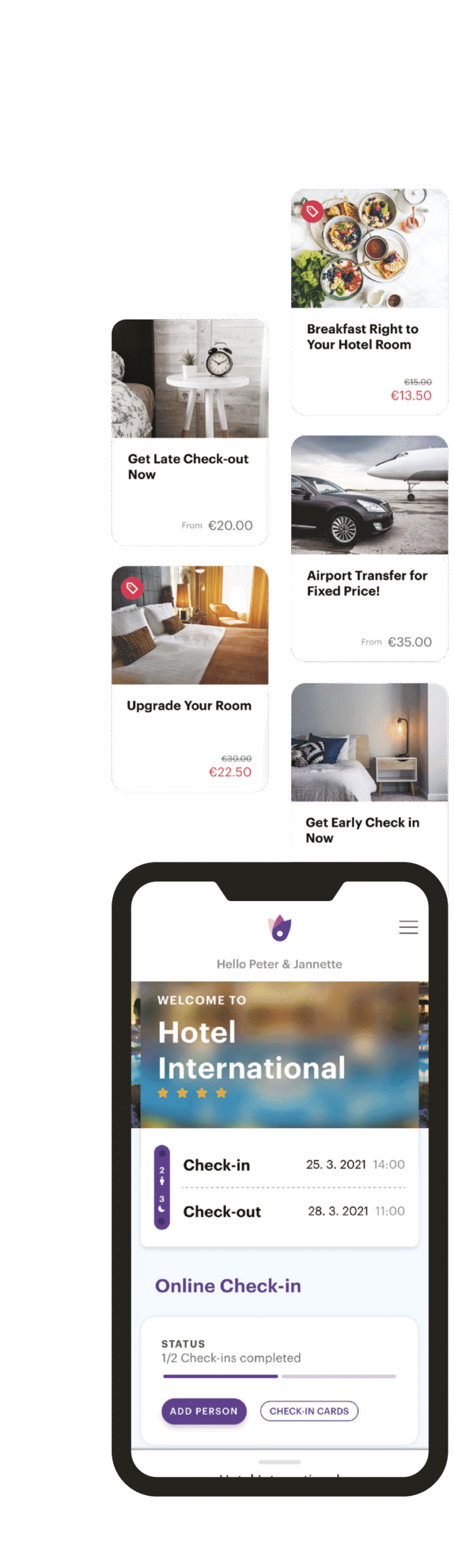 MyStay upsell offers and guest app showing online check-in