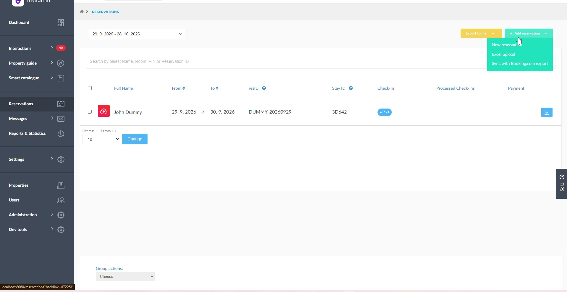 Menu Add reservation – Sync with Booking.com export