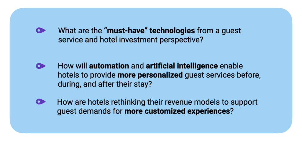 What are the “must-have” technologies from a guest service and hotel investment perspective?
How will automation and artificial intelligence enable hotels to provide more personalized guest services before, during, and after their stay?
How are hotels rethinking their revenue models to support guest demands for more customized experiences?